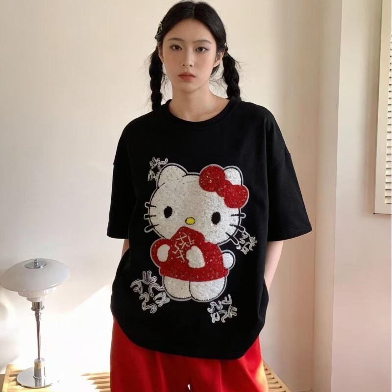 Summer Clothing Modest - T-shirt brodé à sequins Hello Kitty